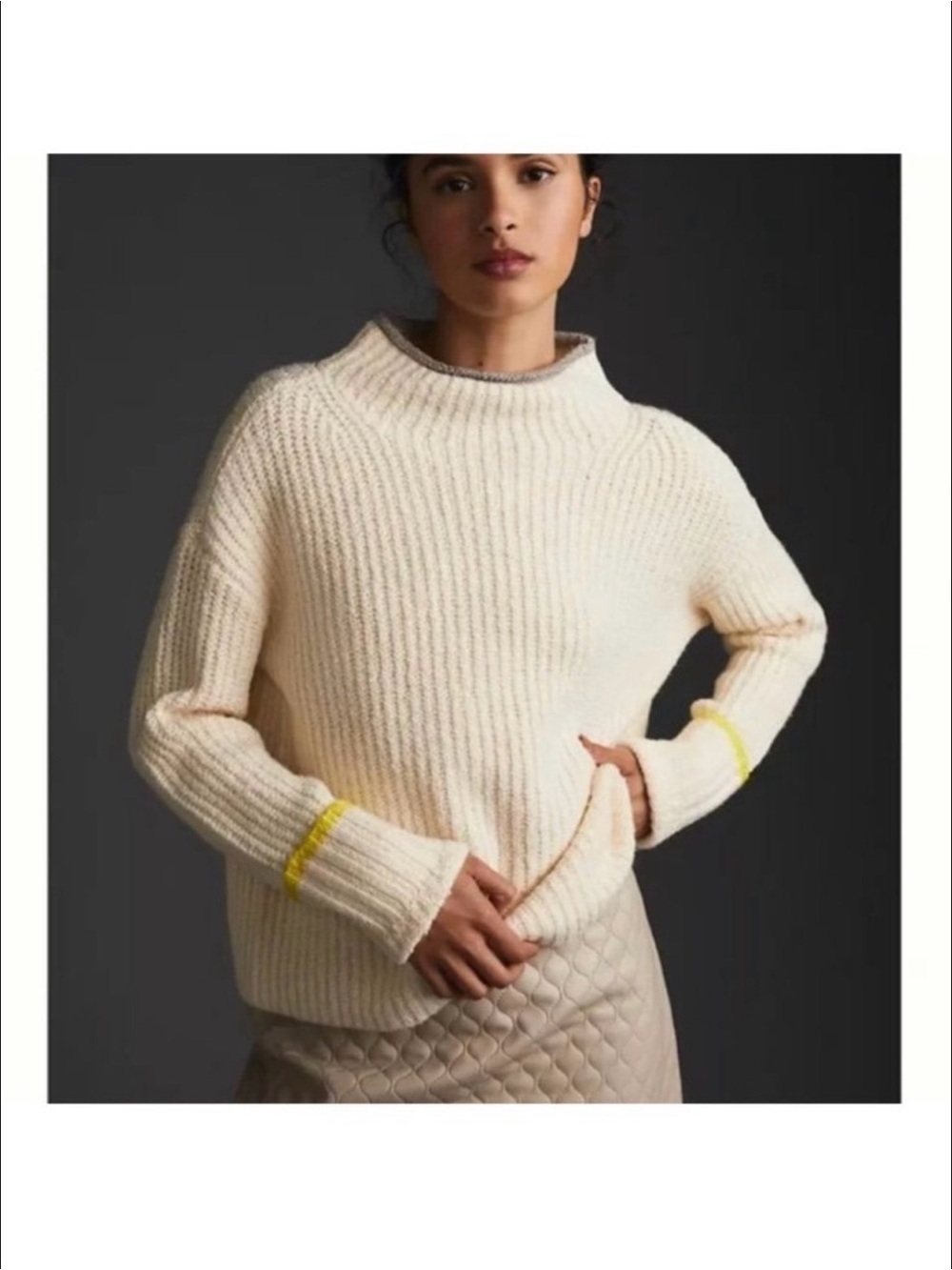 Maeve anthropologie Cream Ribbed Mock Neck Sweater Yellow gray Accent plush cos